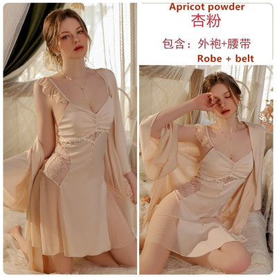 Mondmi Deep V Satin Lace Padded Nightdress with Flutter Sleeve and Robe Loungewear Set for Women J3123 - mondmiMondmi Deep V Satin Lace Padded Nightdress with Flutter Sleeve and Robe Loungewear Set for Women J3123CostumeMondmimondmiMondmi Deep V Satin Lace Padded Nightdress with Flutter Sleeve and Robe Loungewear Set for Women J3123M1690 Apricot Powder (Robe + Belt)