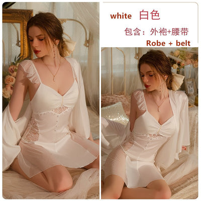 Mondmi Deep V Satin Lace Padded Nightdress with Flutter Sleeve and Robe Loungewear Set for Women J3123 - mondmiMondmi Deep V Satin Lace Padded Nightdress with Flutter Sleeve and Robe Loungewear Set for Women J3123CostumeMondmimondmiMondmi Deep V Satin Lace Padded Nightdress with Flutter Sleeve and Robe Loungewear Set for Women J3123M1690 White (toga + belt)